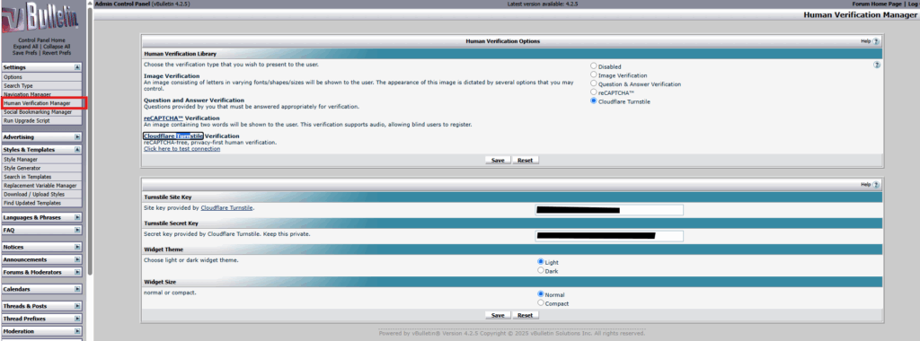 vBulletin 4.2.x: Cloudflare Turnstile Admin Panel